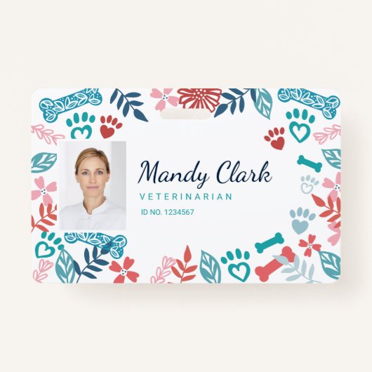 フローラ&葉っぱPet Paw印刷パターン写真ID バッジ (正面)