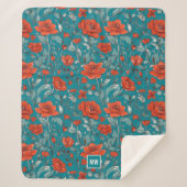 フローラ，赤オレンジ，ケシティール（緑がかった色）設定モノグラム シェルパブランケット (正面)