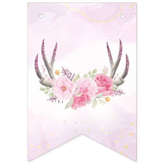 フローラ〔雄ジカの〕枝角ピンクパーティーガーランド誕生日デコール バンティングフラッグ (第1の旗)