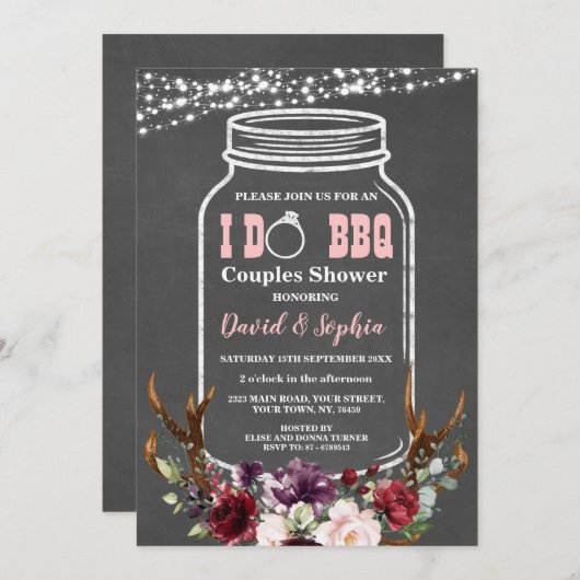 フローラ〔雄ジカの〕枝角メイスンジャークホークI do BBQ 招待状 (正面/裏面)