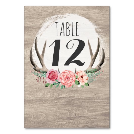 フローラ〔雄ジカの〕枝角素朴木材カスタムウェディング テーブルナンバー (正面)