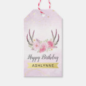 フローラ〔雄ジカの〕枝角赤面ピンク&金ゴールドガールズ誕生日 ギフトタグ (正面)
