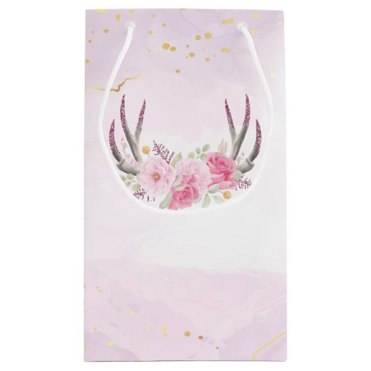 フローラ〔雄ジカの〕枝角赤面ピンク&金ゴールドガールズ誕生日 スモールペーパーバッグ (裏面)