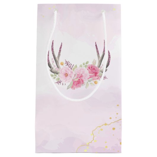 フローラ〔雄ジカの〕枝角赤面ピンク&金ゴールドガールズ誕生日 スモールペーパーバッグ (正面)