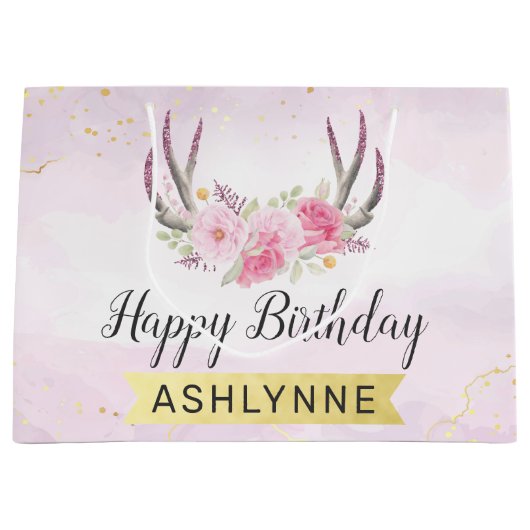フローラ〔雄ジカの〕枝角赤面ピンク&金ゴールドガールズ誕生日 ラージペーパーバッグ (正面)