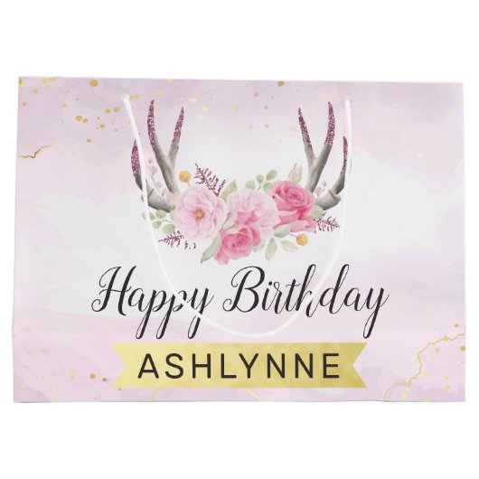 フローラ〔雄ジカの〕枝角赤面ピンク&金ゴールドガールズ誕生日 ラージペーパーバッグ (裏面)