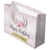 フローラ〔雄ジカの〕枝角赤面ピンク&金ゴールドガールズ誕生日 ラージペーパーバッグ (正面アングル)