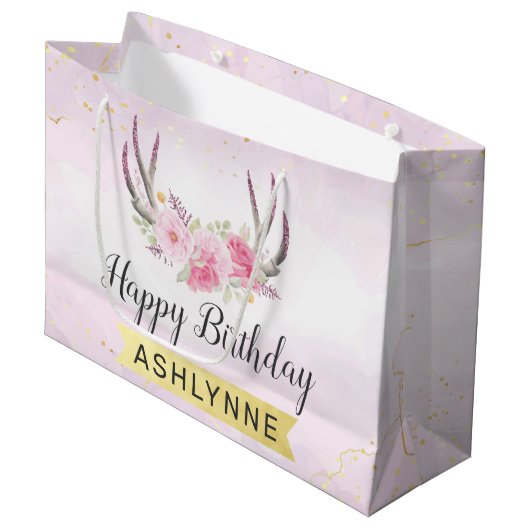 フローラ〔雄ジカの〕枝角赤面ピンク&金ゴールドガールズ誕生日 ラージペーパーバッグ (正面アングル)