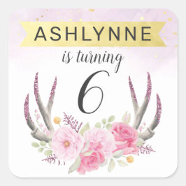 フローラ〔雄ジカの〕枝角&赤面ピンク金ゴールド大理石誕生日 スクエアシール