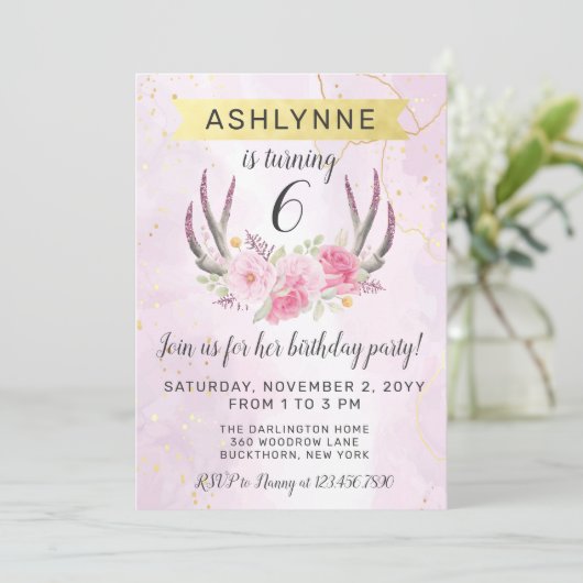 フローラ〔雄ジカの〕枝角&赤面ピンク金ゴールド大理石誕生日I 招待状 (スタンド正面)