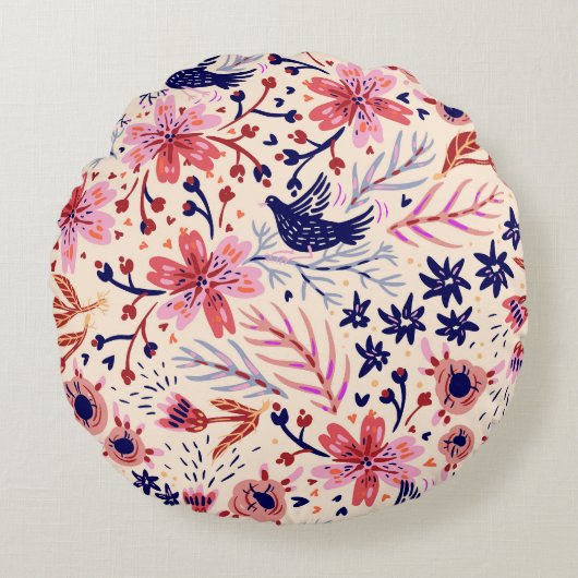 フローラ、鳥、ヴィンテージシームレスなパターン。 ラウンドクッション (正面)