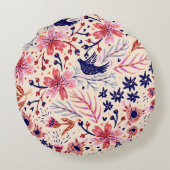 フローラ、鳥、ヴィンテージシームレスなパターン。 ラウンドクッション (裏面)