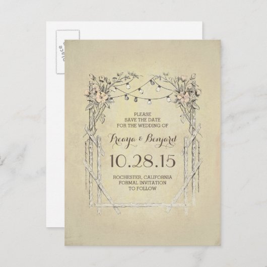 フローラarchヴィンテージrustic日付を保存 案内ポストカード (正面/裏面)