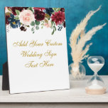 フローラBurgundy Blueテキスト結婚のテーブル フォトプラーク<br><div class="desc">水彩フローラブルゴーニュMarsalaブルー金ゴールド結婚ズあなたのテキスト表プラーク</div>