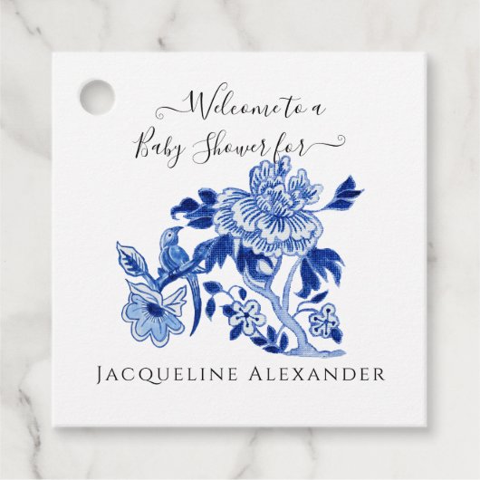 フローラChinoiserieネイビーブルーホワイトベビーシャワーFav フェイバータグ (正面)