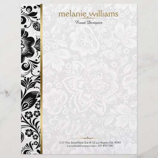 フローラDamaskInブラック&ホワイトと金ゴールドアクセント レターヘッド (正面)