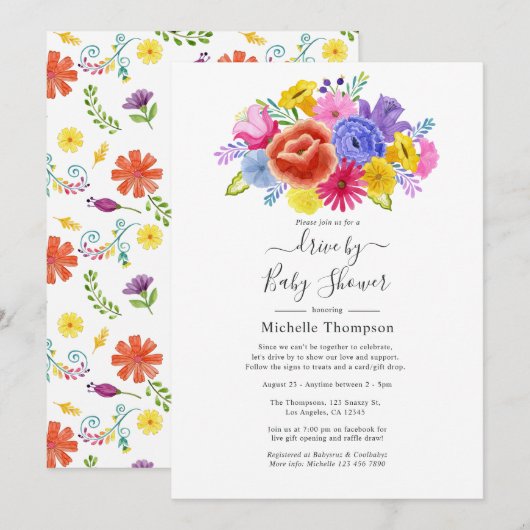 フローラFiesta Drive Byブライダルまたはベビーシャワー 招待状 (正面/裏面)