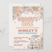 フローラGroovy Oneレトロ1st誕生日パーティー 招待状 (正面)