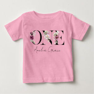 フローラONEベビーガールの1歳の誕生日+名前服 ベビーTシャツ