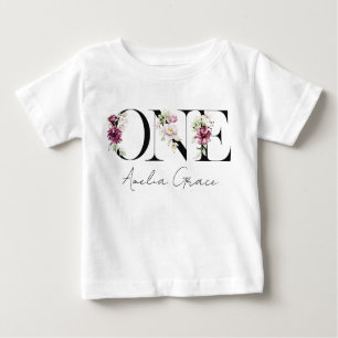 フローラONEベビーガールの1歳の誕生日+名前服 ベビーTシャツ