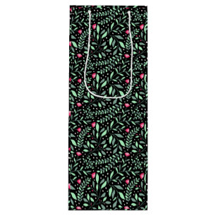 フローラpattern.05.FR.pinkおよびLgreenブラックBG ワインギフトバッグ