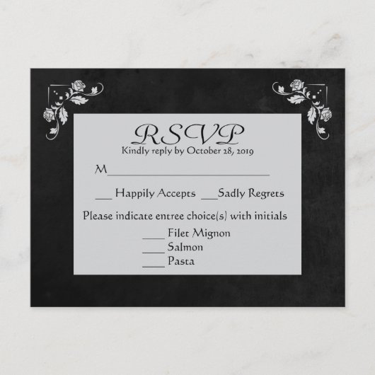 フローラRSVPグレー&ブラックチャックボードポストカード インビテーションポストカード (正面)