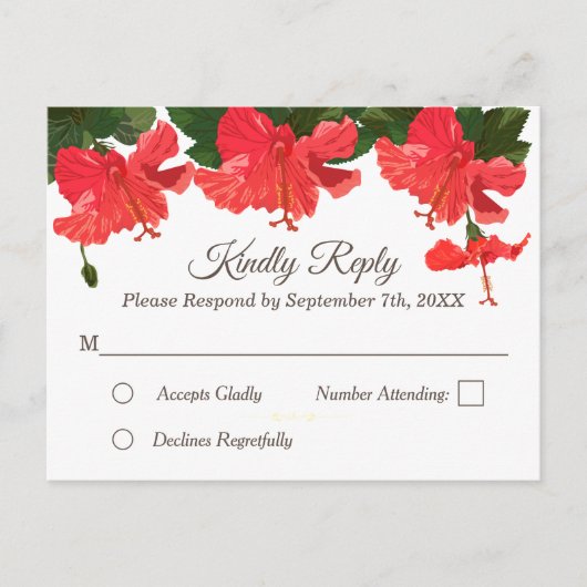 フローラRSVP招待状ハガキと赤ハイビスカス インビテーションポストカード (正面)