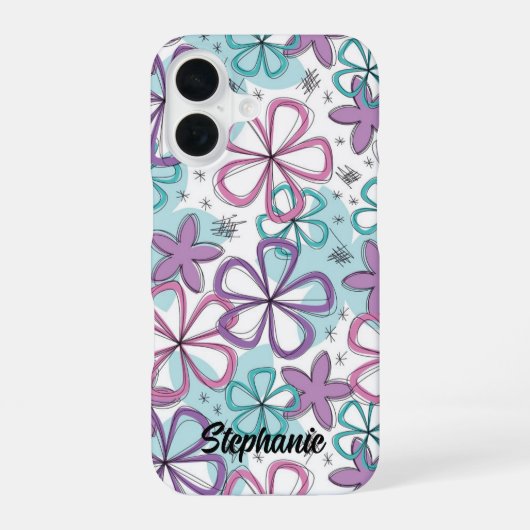 フローラScribble – 星とマークの付いたDoodleの花 iPhone 16ケース (裏面)