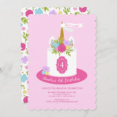 フローラUnicornケーキ誕生日パーティーへの招待 招待状 (正面/裏面)