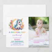 フローラUnicorn誕生日招待状と写真 招待状 (正面/裏面)