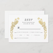 フローリエレガントッシュ金ゴールドブラック&ホワイトユニークズ結婚 出欠カード (正面/裏面)