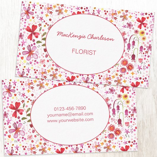 フローリスト手絵を描モダン水色の花 名刺