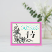 フローリッシュつる植物ピンク結婚ターコイズのテーブル番号 ポストカード (スタンド正面)