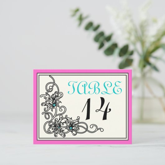 フローリッシュつる植物ピンク結婚ターコイズのテーブル番号 ポストカード (スタンド正面)