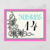 フローリッシュつる植物ピンク結婚ターコイズのテーブル番号 ポストカード (裏面)