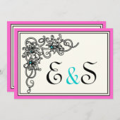 フローリッシュつる植物ブラックピンクターコイズ結婚ズ 招待状 (正面/裏面)