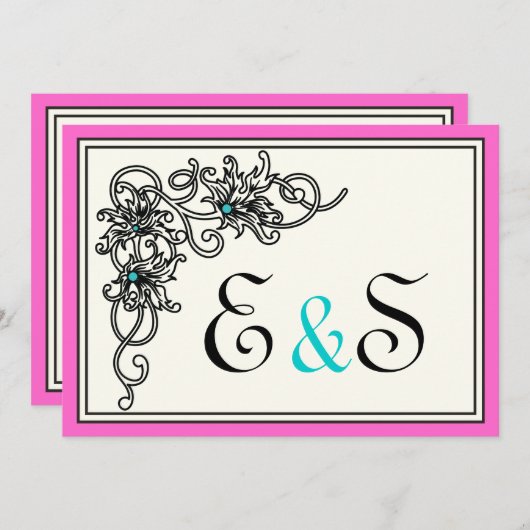 フローリッシュつる植物ブラックピンクターコイズ結婚ズ 招待状 (正面/裏面)