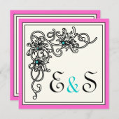 フローリッシュつる植物ブラックピンクターコイズ結婚ズ 招待状 (正面/裏面)
