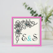 フローリッシュつる植物ブラックピンクターコイズ結婚ズ 招待状 (スタンド正面)