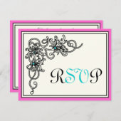 フローリッシュつる植物ブラックピンクターコイズ結婚式RSVP 出欠カード (正面/裏面)