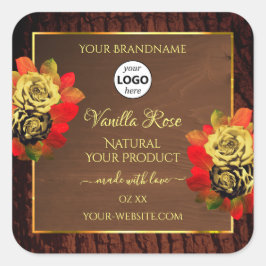 フローリッシュバラ製品ラベルダークブラウン木材ロゴ スクエアシール