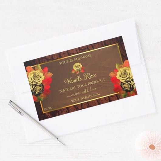 フローリッシュバラ製品ラベル暗褐色の木目 長方形シール (封筒)