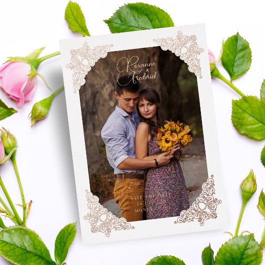 フローリッシュフレームコーナーファンシーヴィンテージ写真 箔招待状