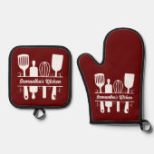 フローリッシュベーキング器具モノグラムレッド 鍋つかみ&鍋敷きセット (正面)