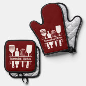 フローリッシュベーキング器具モノグラムレッド 鍋つかみ&鍋敷きセット (正面/裏面)