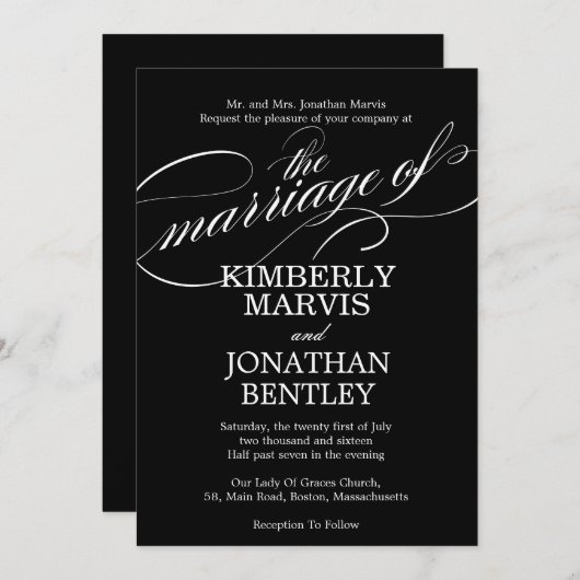 フローリッシュ文字ヴィンテージウェディング招待状インブラック 招待状 (正面/裏面)