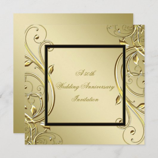 フローリッシュ ゴールド ブラック 50周年結婚記念日 招待状 (正面/裏面)