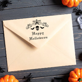 フローリッシュ・ボーダー付きドクロとコウモリ Happy Halloween セルフインキングスタンプ