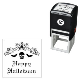 フローリッシュ・ボーダー付きドクロとコウモリ Happy Halloween セルフインキングスタンプ
