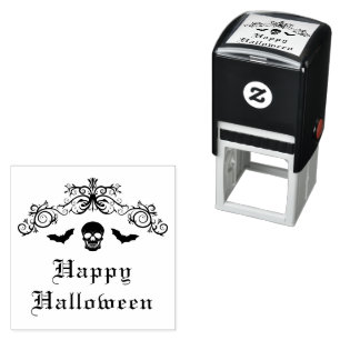 フローリッシュ・ボーダー付きドクロとコウモリ Happy Halloween セルフインキングスタンプ